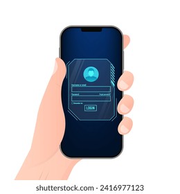 Smartphone on the screen, log in page ui design on technology futuristic interface hud background. login password user interface HUD design for security technology background. Vector illustration 