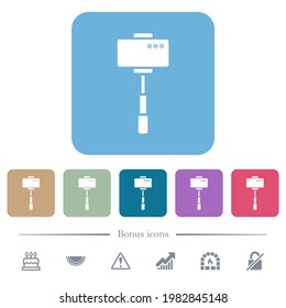 Smartphone on selfie stick back view white flat icons on color rounded square backgrounds. 6 bonus icons included