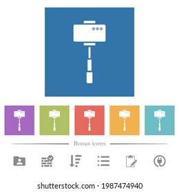Smartphone on selfie stick back view flat white icons in square backgrounds. 6 bonus icons included.