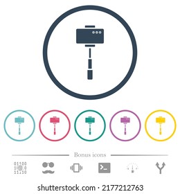 Smartphone on selfie stick back view flat color icons in round outlines. 6 bonus icons included.