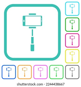 Smartphone on selfie stick front view vivid colored flat icons in curved borders on white background
