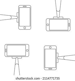 Smartphone on a selfie stick line icon set. Monopod selfie stick with empty cellphone screen. Flat vector illustration isolated on white background.
