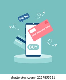 Smartphone on stand with buy button on screen and credit cards around. Online shopping concept. Vector illustration