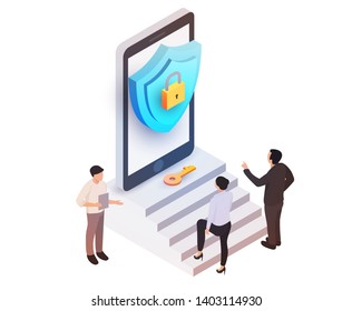 Smartphone on steps with shield, key, lock and people around. Isometric 3d data protection or digital online security concept. Flat vector illustration.