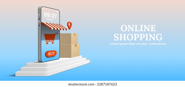 Smartphone on three steps podium with shopping cart icon and buy button. Parcel packaging boxes with location map pin. Online shopping concept 3d vector.