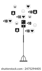 Smartphone on tripod with likes followers black and white 2D line cartoon object. Cellphone record. Vlogging accessories isolated vector outline item. Live stream monochromatic flat spot illustration