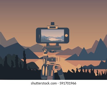 Smartphone on a tripod record video landscape