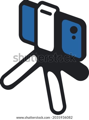 Smartphone on tripod vector white isolated icon in vintage grunge style. Phone holder accessory logo illustation. Broadcating from mobilephone visual element design for branding and adverisment
