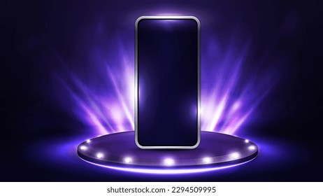 Smartphone on violet podium for product presentation with spotlights, 3d realistic vector illustration.