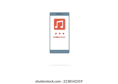 Smartphone en pantalla blanca con sombra abajo, aplicación de música, ilustración para uso comercial.