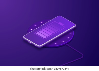 
smartphone on a wireless charging device on a purple background. Battery icon and charging progress illumination on the smartphone screen. Isometric vector illustration.
