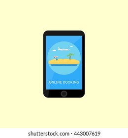 Smartphone on a yellow background, beach, umbrella, palm, sunbed on the screen, online ticketing concept, vector illustration in flat style