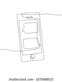 Smartphone - one line design style illustration isolated on white background. A gadget with a chat on the screen. High quality image for your presentation