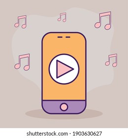 smartphone with one play symbol on it and music notes vector illustration design