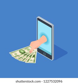 Smartphone online banking vector concept. Hand hold money - isometric banking design