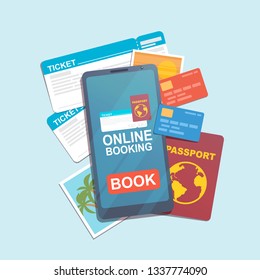 Smartphone with online booking app, tickets, credit cards, pasport and photos. Online booking concept. Top view vector illustration.