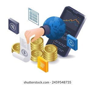 Smartphone online business income details infographics flat isometric 3d illustration