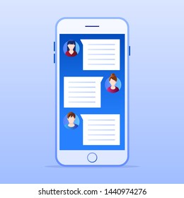 Smartphone with online chat application. Social media marketing concept. Flat style design with gradient. Modern vector.