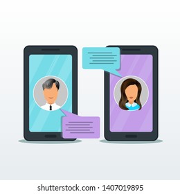 Smartphone with online chat messages notification isolated on white background, flat design of mobile phone, sms speech bubbles, man chatting with woman, gossip, internet dating, conversation, dialog