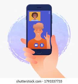 Smartphone Online Chatting Of Young Man And Woman Via A Video Call. Vector Illustration.