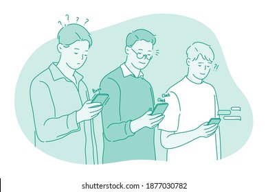 Smartphone, Online-Kommunikation, Chat-Konzept. Junge Männer, die mit Smartphone in Händen stehen, chatten, Informationen im Internet suchen, online anrufen, datieren oder kommunizieren 