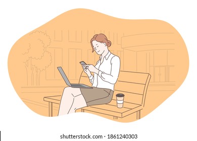 Smartphone, online communication, chatting concept. Young business woman sitting on bench with coffee and smartphone, chatting, searching information in internet, calling and communicating online 