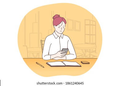 Smartphone, online communication, chatting concept. Young business lady sitting in office with smartphone, chatting, searching information in internet, calling and communicating online illustration 