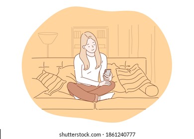 Smartphone, online communication, chatting concept. Young girl sitting at home with smartphone in hands, chatting, searching information in internet, calling, dating or communicating online 