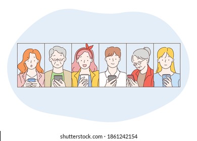 Smartphone, online communication, chatting concept. People of different age cartoon characters making photo on smartphone, chatting, searching information in internet, calling and communicating 