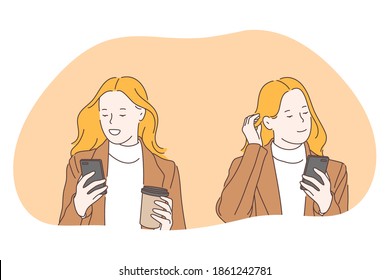 Smartphone, online communication, chatting concept. Young business woman walking with coffee and smartphone, chatting, searching information in internet, calling and communicating online 