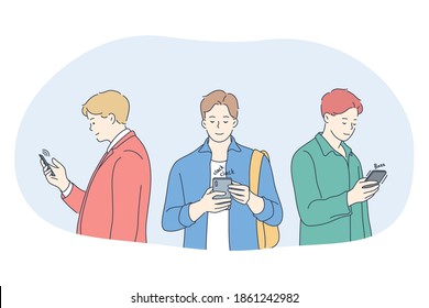 Smartphone, online communication, chatting concept. Young men standing with smartphones, chatting, searching information in internet, calling and communicating online vector illustration 