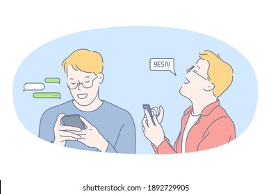 Smartphone, online communication, chatting concept. Young smiling man standing with smartphone in hands, chatting, searching information in internet, calling, dating or communicating online 