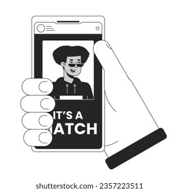 Smartphone with online dating app bw concept vector spot illustration. Holding gadget 2D cartoon flat line monochromatic hand for web UI design.editable isolated outline hero image