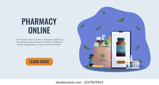 Smartphone for online drug payment. Pharmacy service for home delivery of medicines. Paper bag with different medicines. Vector cartoon illustration