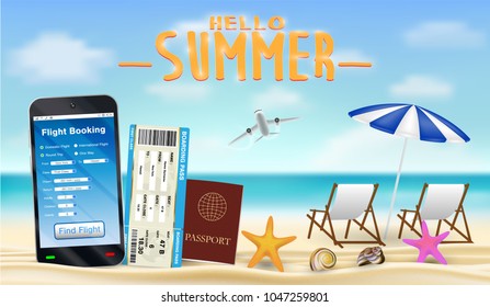 smartphone with online flight booking app on beach