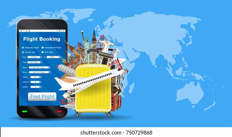 smartphone online flight booking with travel bag