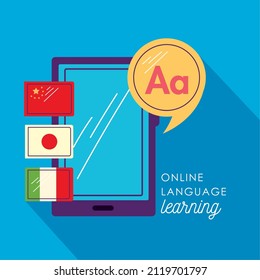 smartphone with online lenguage learning icons