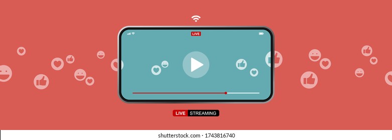 smartphone with online live streaming, video player interface and full of positive feedbacks, like icon, love icon and smile icon, concept of social media and work from home as new normal