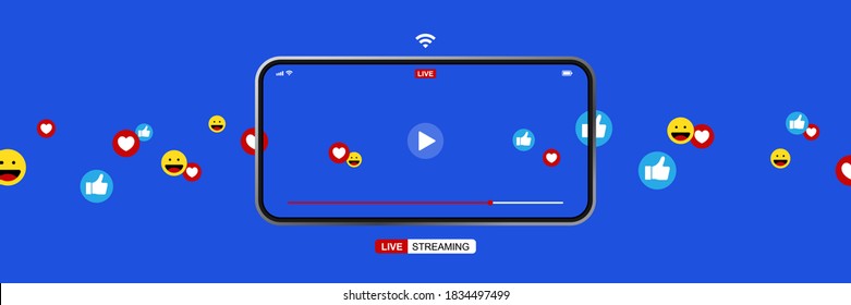 smartphone with online live streaming, video player interface and full of positive feedbacks, like icon, love icon and smile icon, concept of social media and work from home as new normal