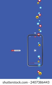 smartphone with online live streaming, video player interface and full of positive feedbacks, like icon, love icon and smile icon, concept of social media and work from home as new normal