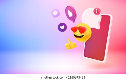 Smartphone with online notifications and emoji. 3d vector banner with copy space