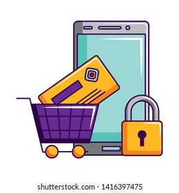 smartphone online payment cart bank card security vector illustration