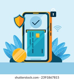 Smartphone online payment vector. Phone, credit card, coin, shield, lock icon illustration.