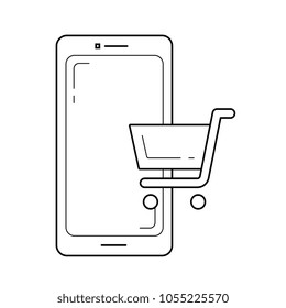 Smartphone with online shop app vector line icon isolated on white background. Online shop app line icon for infographic, website or app.