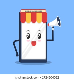 Smartphone online shop cute cartoon. mascot character illustration for promotional animation and graphic design. expand advertising to get customers with promotional strategies
