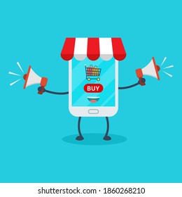 Smartphone online shop. Illustration vector graphic cartoon character of cute smartphone. Perfect for Ecommerce,sale, store web element. Illustration E-commerce Shopping Symbols.