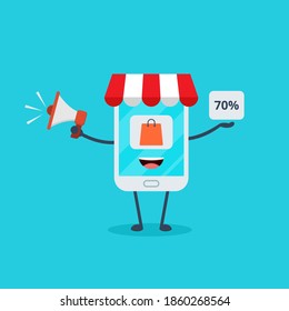 Smartphone online shop. Illustration vector graphic cartoon character of cute smartphone. Perfect for Ecommerce,sale, store web element. Illustration E-commerce Shopping Symbols.