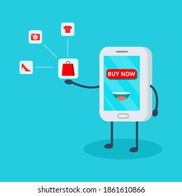 Smartphone online shop. Illustration vector graphic cartoon character of cute smartphone. Perfect for Ecommerce,sale, store web element. Illustration E-commerce Shopping Symbols.