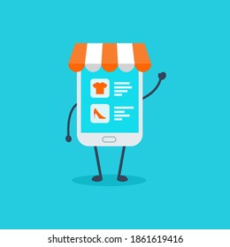 Smartphone online shop. Illustration vector graphic cartoon character of cute smartphone. Perfect for Ecommerce,sale, store web element. Illustration E-commerce Shopping Symbols.

