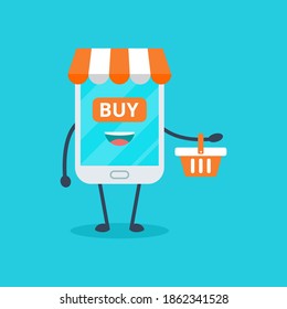 Smartphone online shop. Illustration vector graphic cartoon character of cute smartphone. Perfect for Ecommerce,sale, store web element. Illustration E-commerce Shopping Symbols.